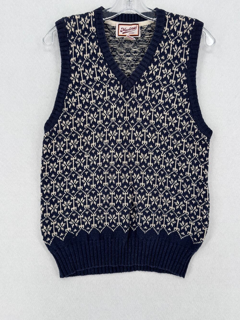 Vintage Merona Sport Mens Navy Blue Cream Fair Isle Geometric Sweater Vest Sz L